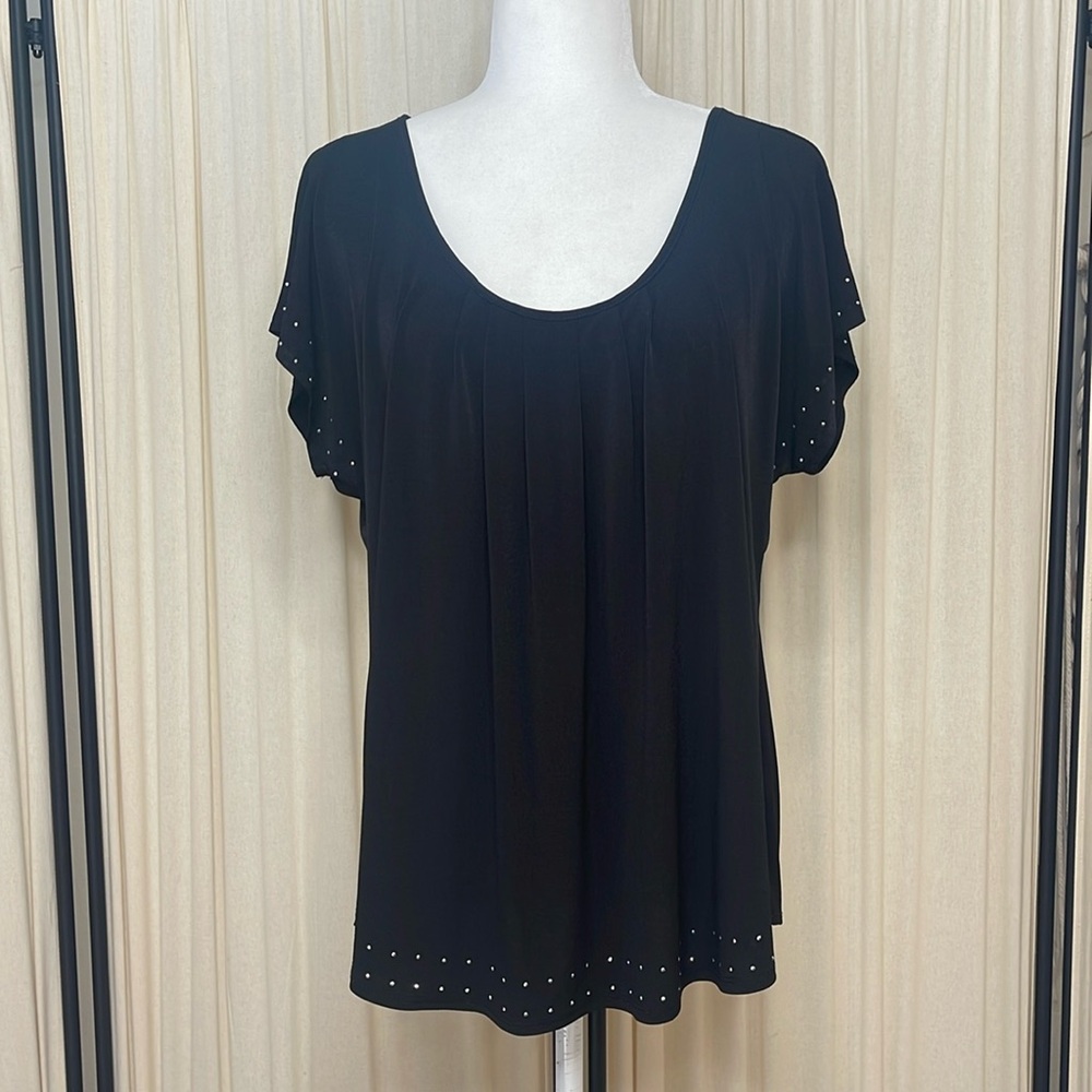 Y2K- EXCELLENT VINTAGE CONDITION- STRETCH BLACK BLOUSE W/ EMBELLISHMENTS SIZE XL